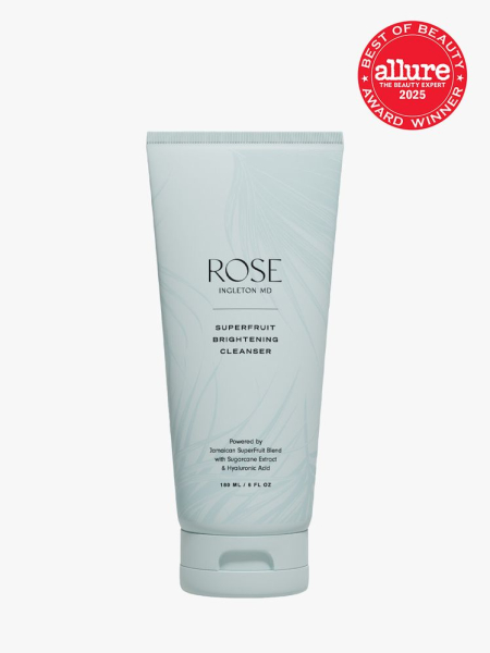 ROSE Ingleton MD SuperFruit Brightening Cleanser light blue tube on light gray background with red Allure Best of Beauty seal in the top right corner